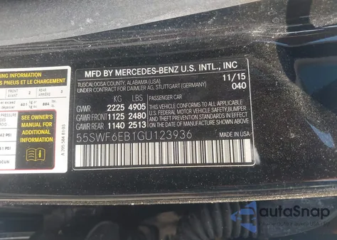 2016 Mercedes-Benz C 450 Amg 4Matic из США, поврежденный, VIN 55SWF6EB1GU123936